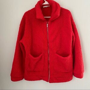 Ecowish Women’s Sherpa Teddy Zipper Front Red Jacket